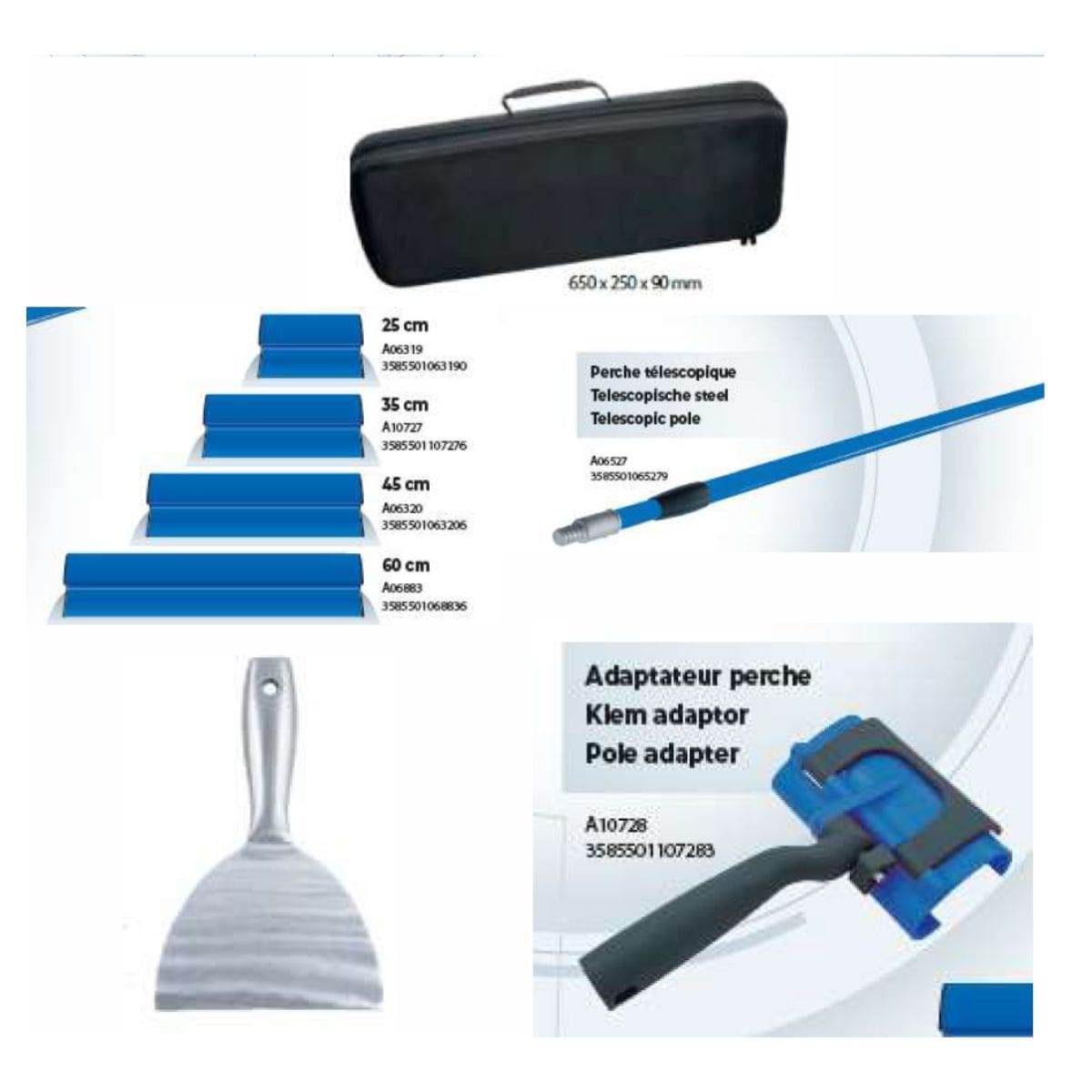 Imagen del kit profesional de herramientas para acabado Q4 que incluye espátulas de diferentes tamaños, cuchilla flexible, pértiga, adaptador y maletín rígido.