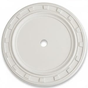 Rosetón decorativo circular blanco para techo con molduras geométricas y orificio central para lámpara