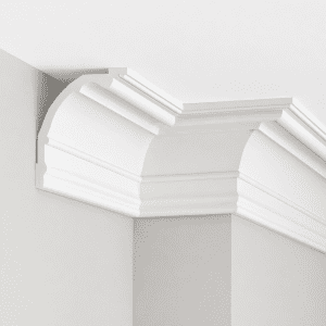 Cornisa de techo decorativa de alta densidad MDB128 instalada en esquina con perfil curvo para pared y techo