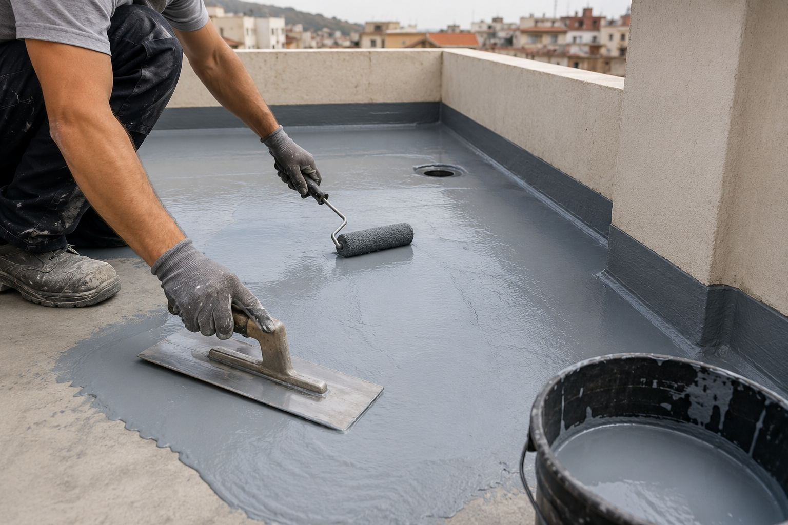 Aplicación de impermeabilizante en una terraza exterior durante una reforma