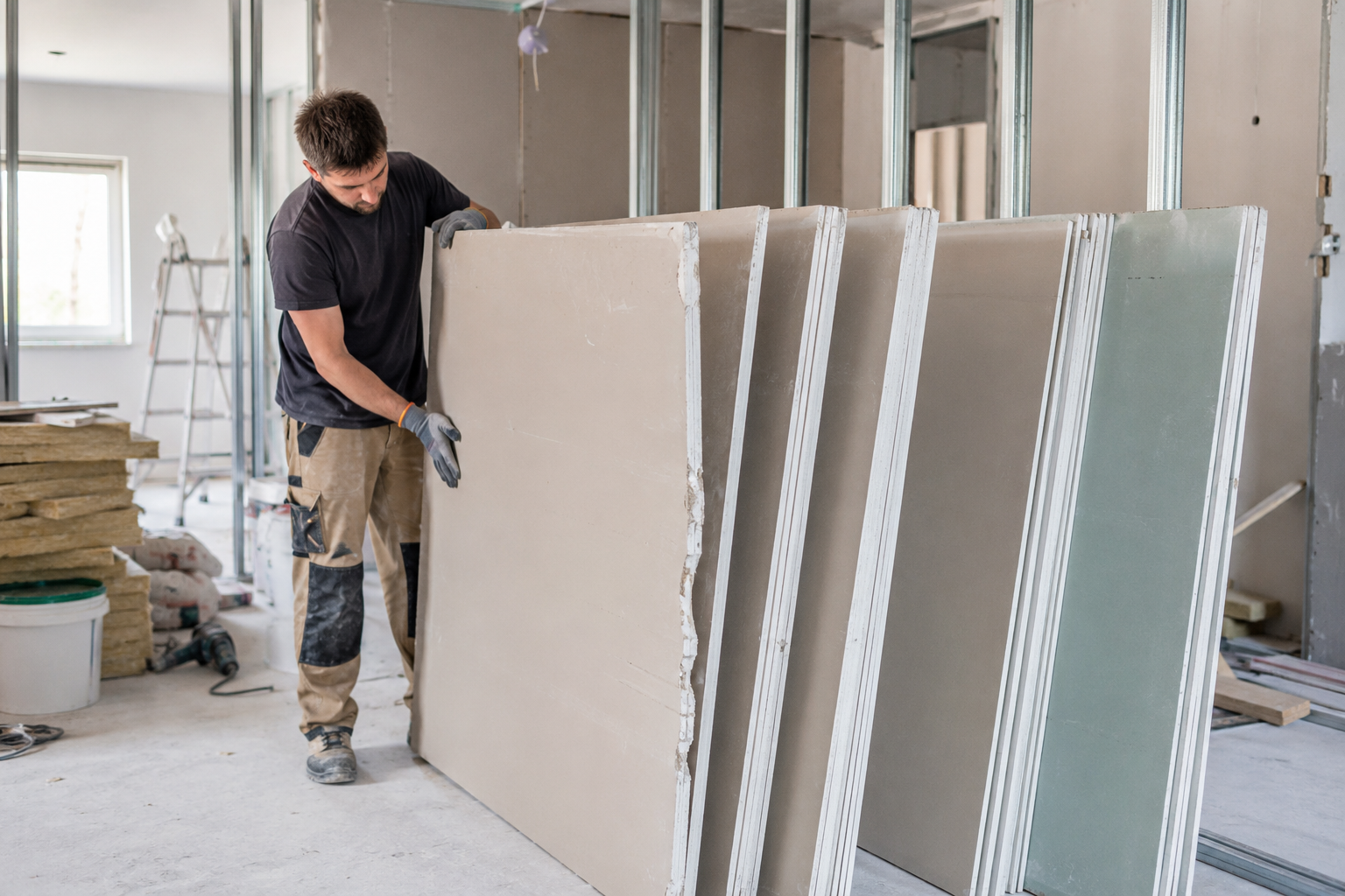 Instalador revisando placas de yeso laminado dañadas antes de montarlas en obra