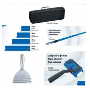 Imagen del kit profesional de herramientas para acabado Q4 que incluye espátulas de diferentes tamaños, cuchilla flexible, pértiga, adaptador y maletín rígido.