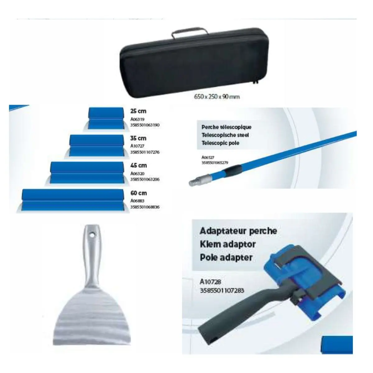 Imagen del kit profesional de herramientas para acabado Q4 que incluye espátulas de diferentes tamaños, cuchilla flexible, pértiga, adaptador y maletín rígido.