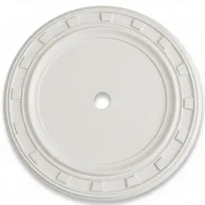 Rosetón decorativo circular blanco para techo con molduras geométricas y orificio central para lámpara