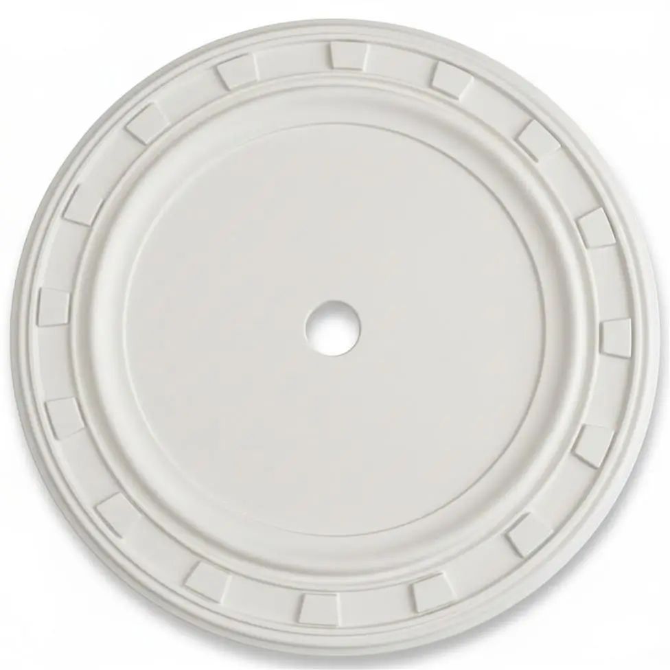 Rosetón decorativo circular blanco para techo con molduras geométricas y orificio central para lámpara