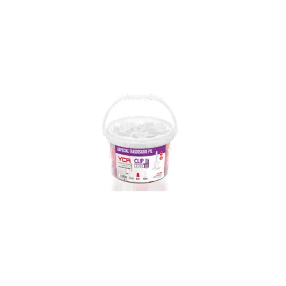 Kit CLIP-LEVEL en cubo con 50 roscas rojas y 100 calzos niveladores blancos
