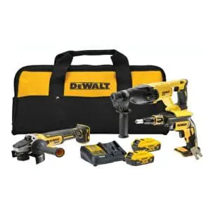 Kit DEWALT DCK304P2‑QW con atornillador drywall XR 18V, amoladora, martillo y baterías de 5Ah