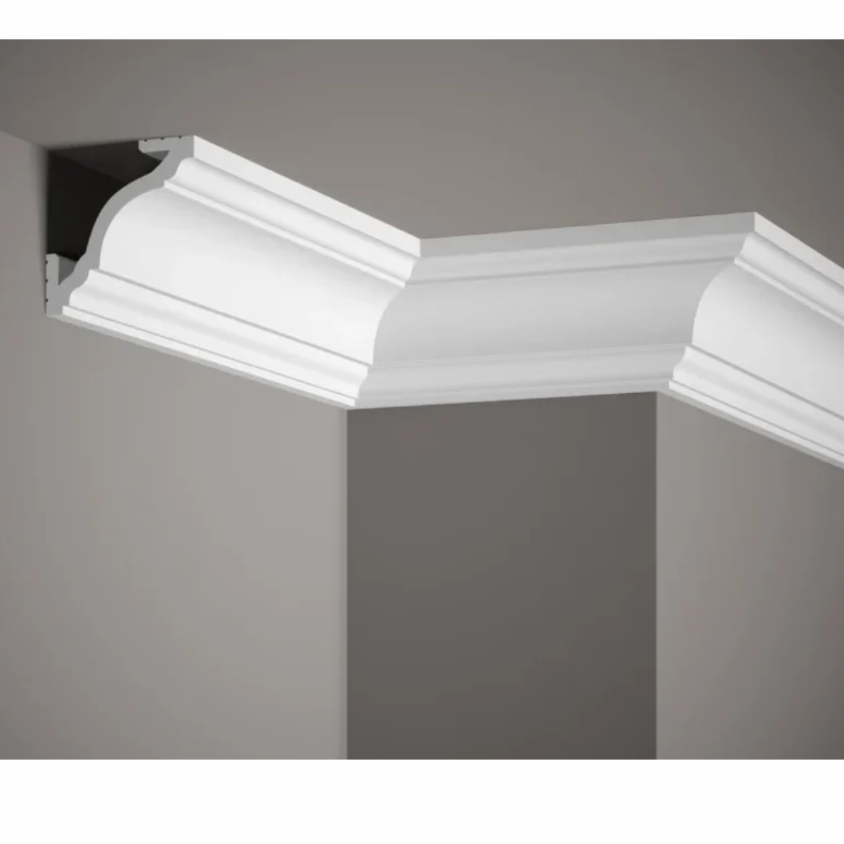 Moldura MD213 instalada en unión pared techo como cornisa decorativa