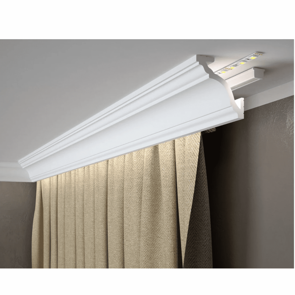 Moldura MD213 utilizada como cortinero para ocultar cortinas