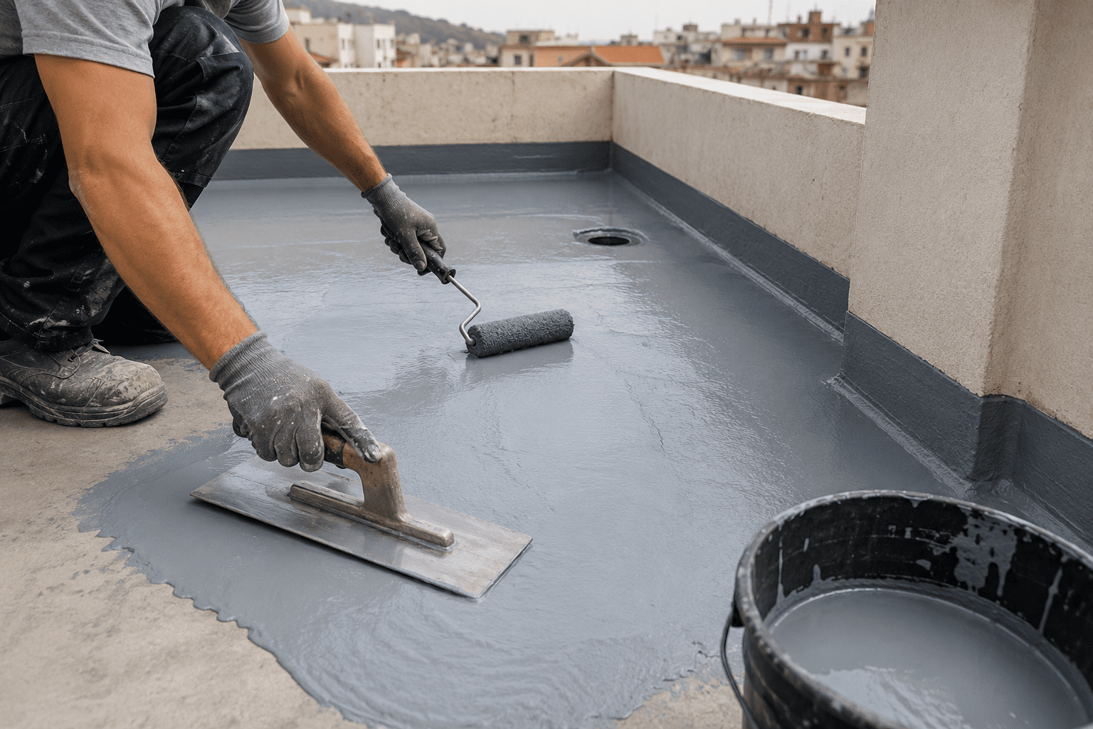 Aplicación de impermeabilizante en una terraza exterior durante una reforma
