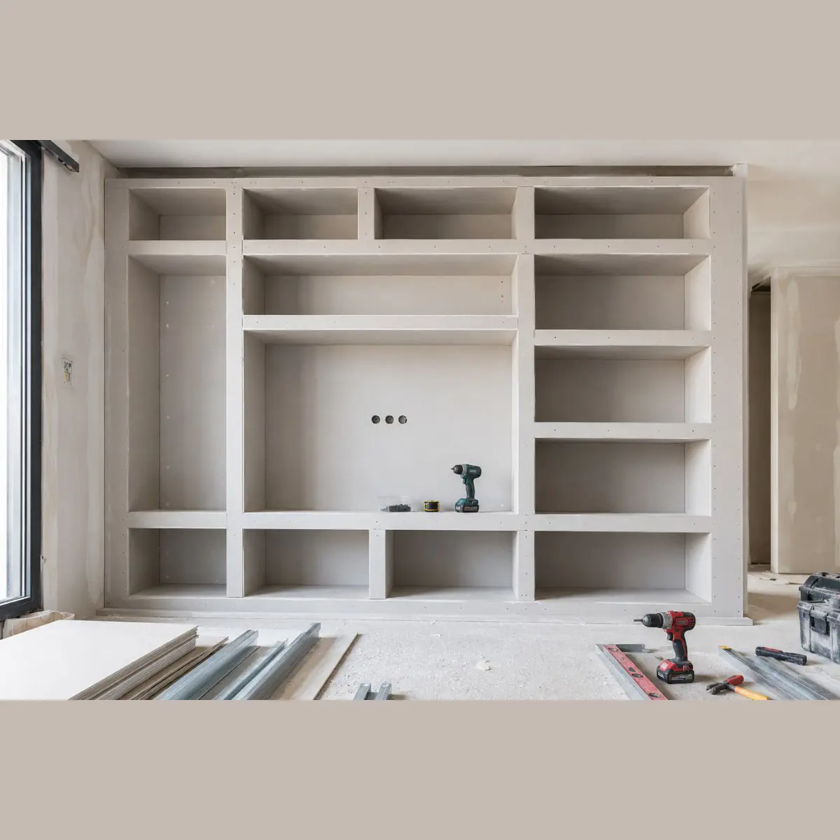 Construcción de una estantería de pladur a medida con baldas de cartón yeso en un salón Construcción de una estantería de pladur a medida con baldas de cartón yeso en un salón