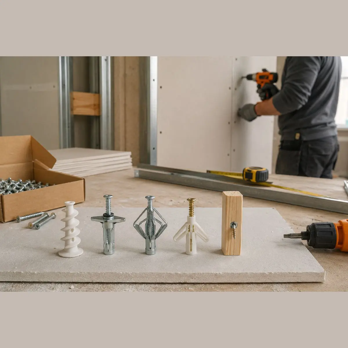 Diferentes tipos de tacos para pladur colocados sobre una placa de yeso laminado junto a herramientas de instalación. Diferentes tipos de tacos para pladur colocados sobre una placa de yeso laminado junto a herramientas de instalación.
