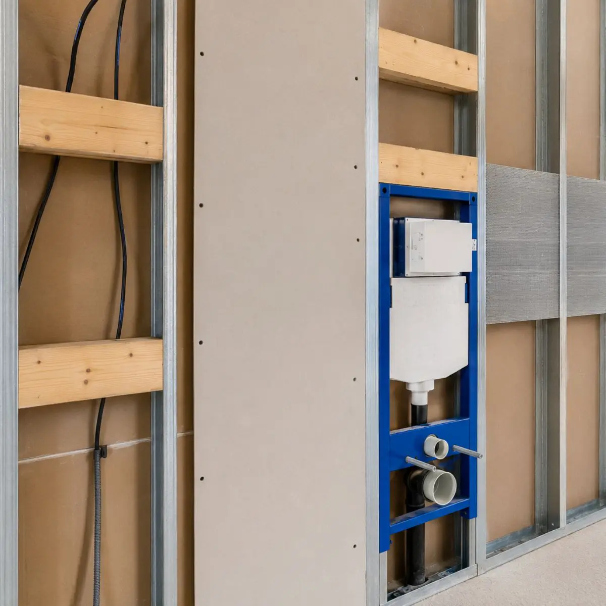 Instalador colocando refuerzos de madera dentro de un tabique de placa de yeso laminado antes de cerrar la estructura. Instalador colocando refuerzos de madera dentro de un tabique de placa de yeso laminado antes de cerrar la estructura.