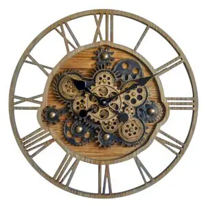 Reloj de pared con engranajes móviles de metal y resina