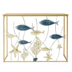 Consola de metal y cristal con peces 108x38x80 cm