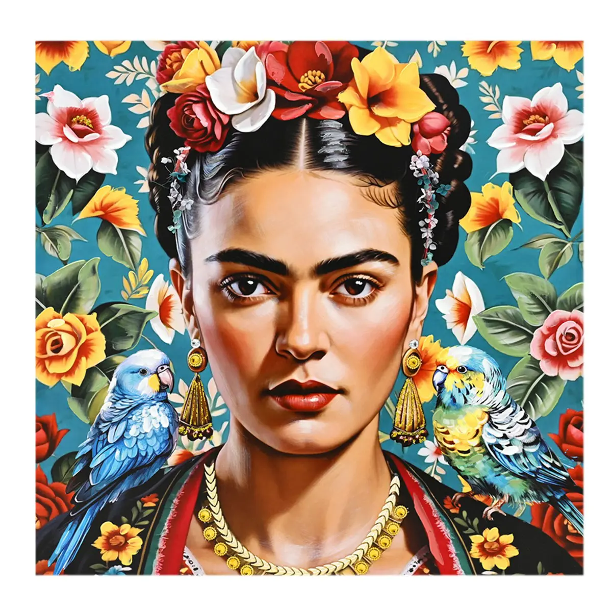 Cuadro decorativo de Frida Kahlo con flores 80x80 cm