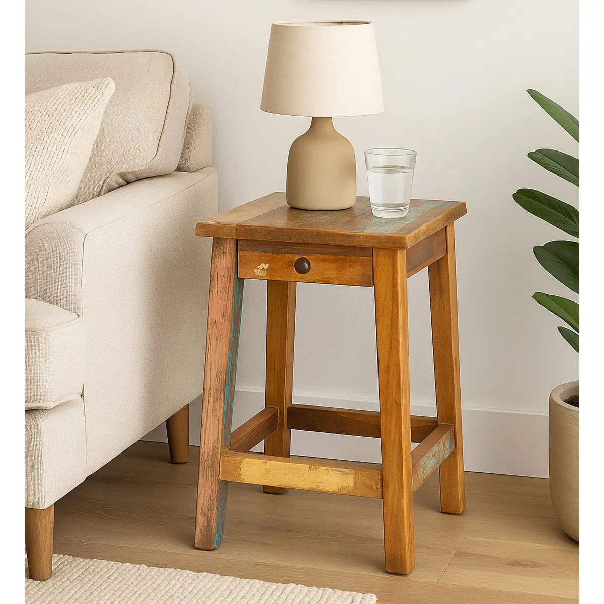 Taburete de madera con cajón vista posterior