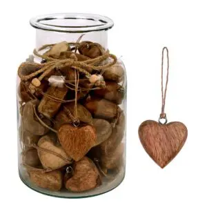 Jarrón decorativo con 50 corazones de madera y cristal