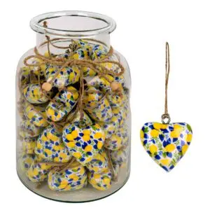 Jarrón decorativo con 50 corazones de madera y cristal diseño limones