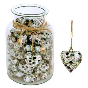 Jarrón decorativo con 50 corazones de madera y cristal diseño aceitunas