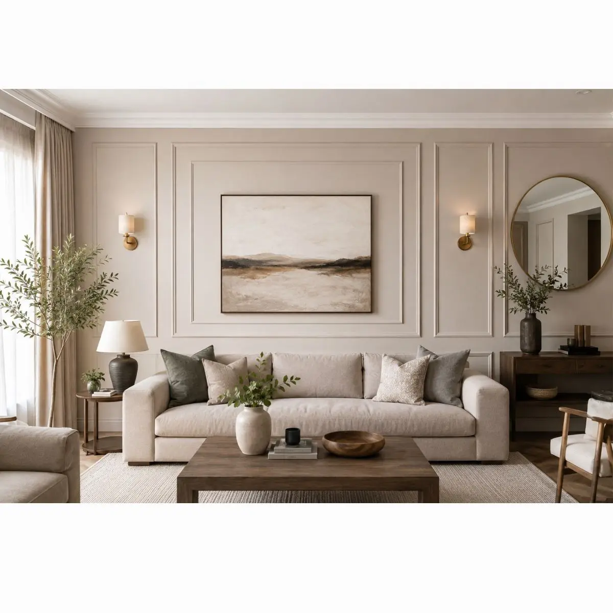 Salón decorado con molduras de pared, cuadros y espejo decorativo Salón decorado con molduras de pared, cuadros y espejo decorativo