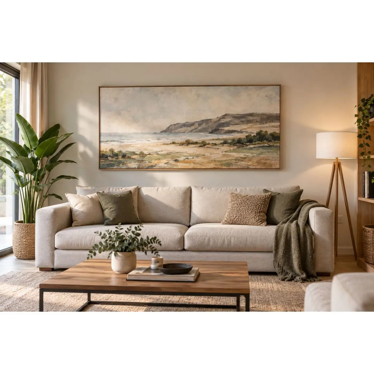 Cuadro decorativo grande colocado encima del sofá del salón