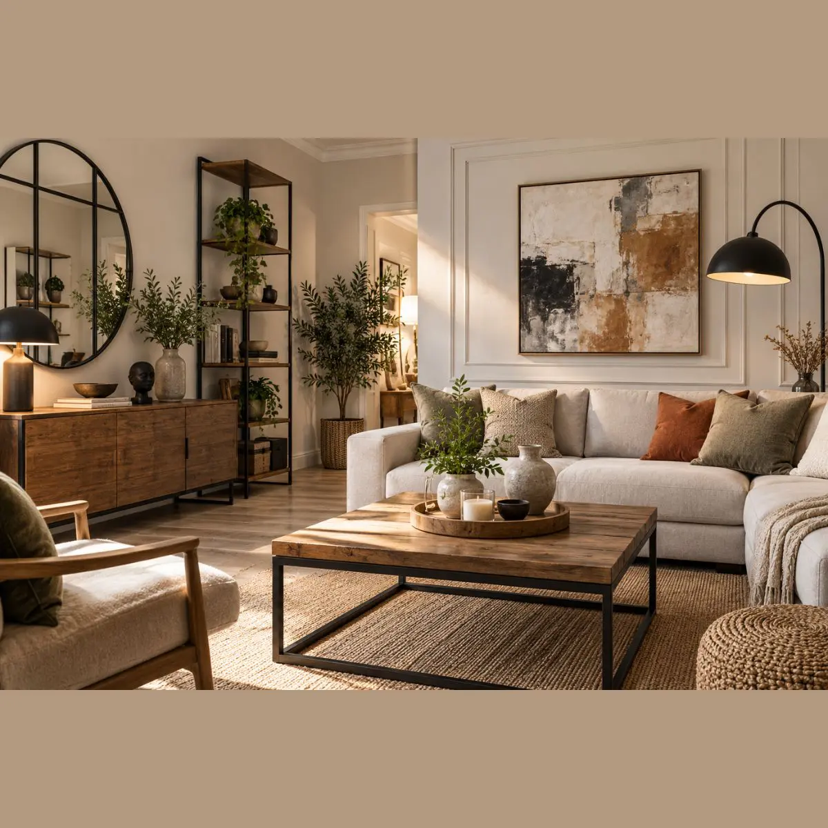 Salón con diferentes estilos de decoración y elementos decorativos