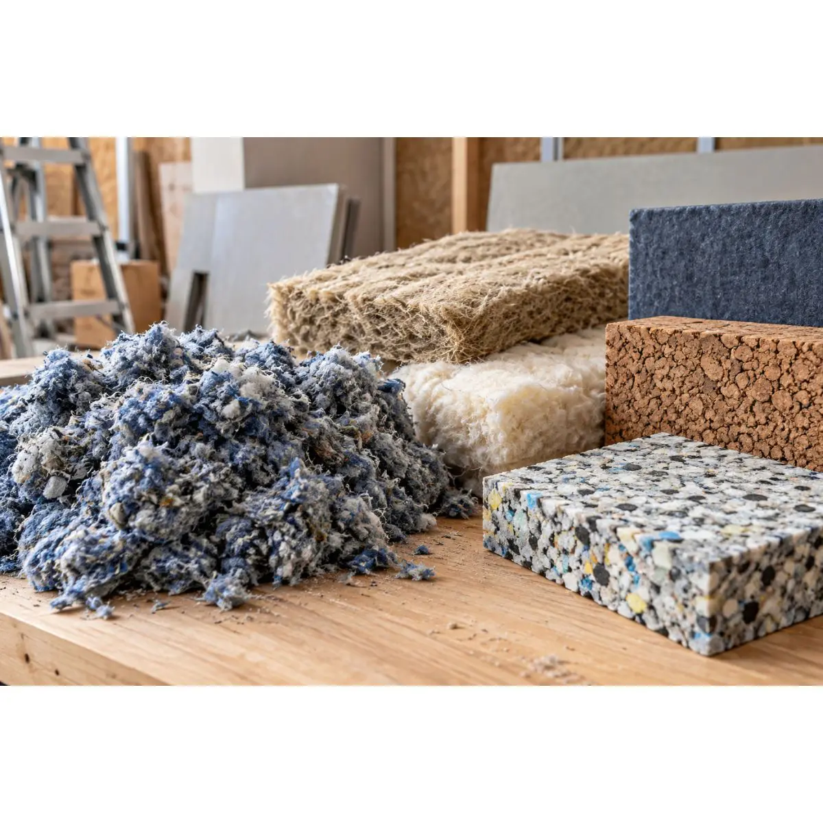 Muestras de aislantes reciclados y naturales de fibras textiles, cáñamo, lana de oveja y corcho Muestras de aislantes reciclados y naturales de fibras textiles, cáñamo, lana de oveja y corcho